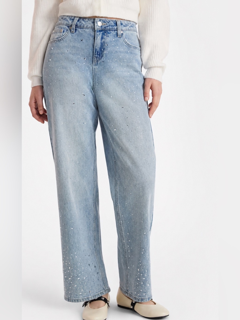 No Boundaries High-Rise Wide-Leg Diamond Stud Jeans Size-12 Glam Streetwear